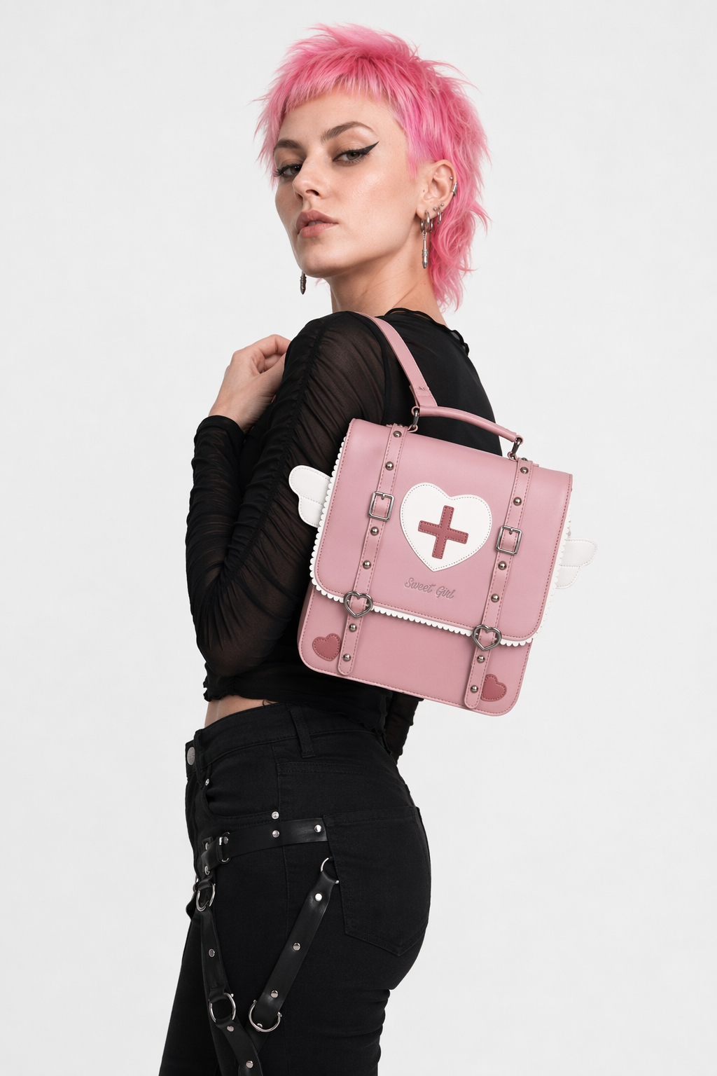 Menhera Inspired Paste Goth Backpack Purse with Heart Design Pink