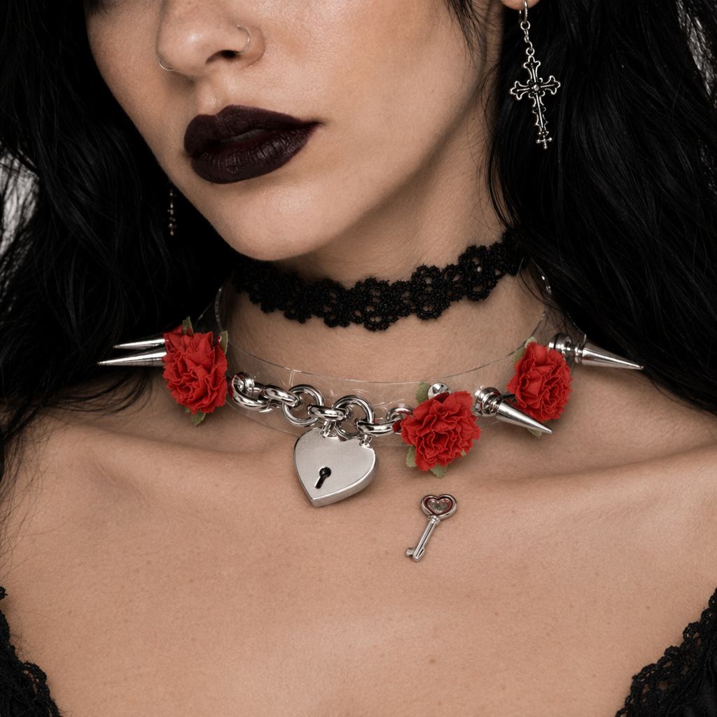Edgy Floral Choker with Spiky Design and Heart Locket Key Red Flower Silver