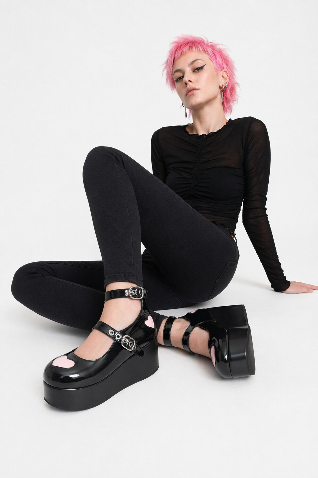 Babydoll Platform Wedge Mary Jane Shoes with Heart Buckle Black Shiny Heart