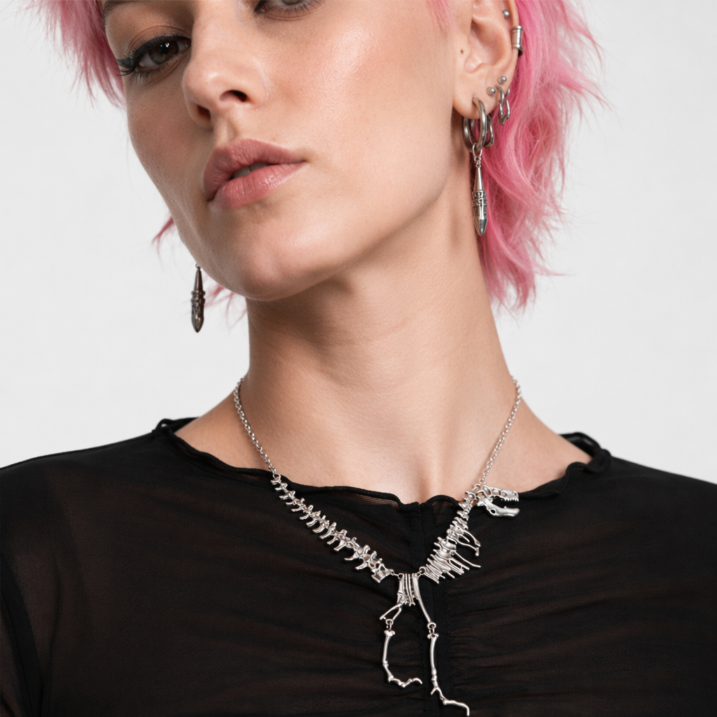 Cute T-Rex Bone Necklace in Black, Gold, or Silver Plated Hardware Silver