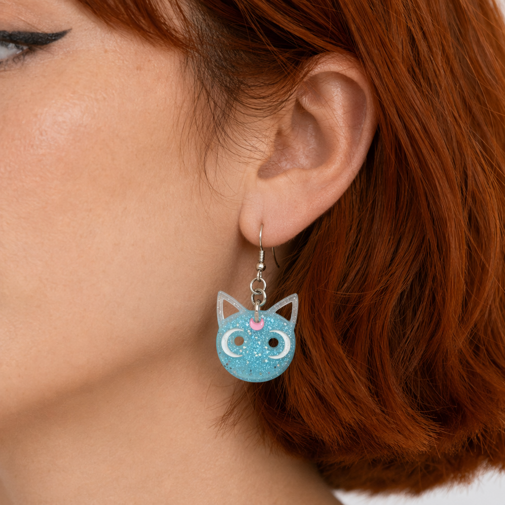 Glittery Cat Earrings with Half Moons in Resin Art Blue