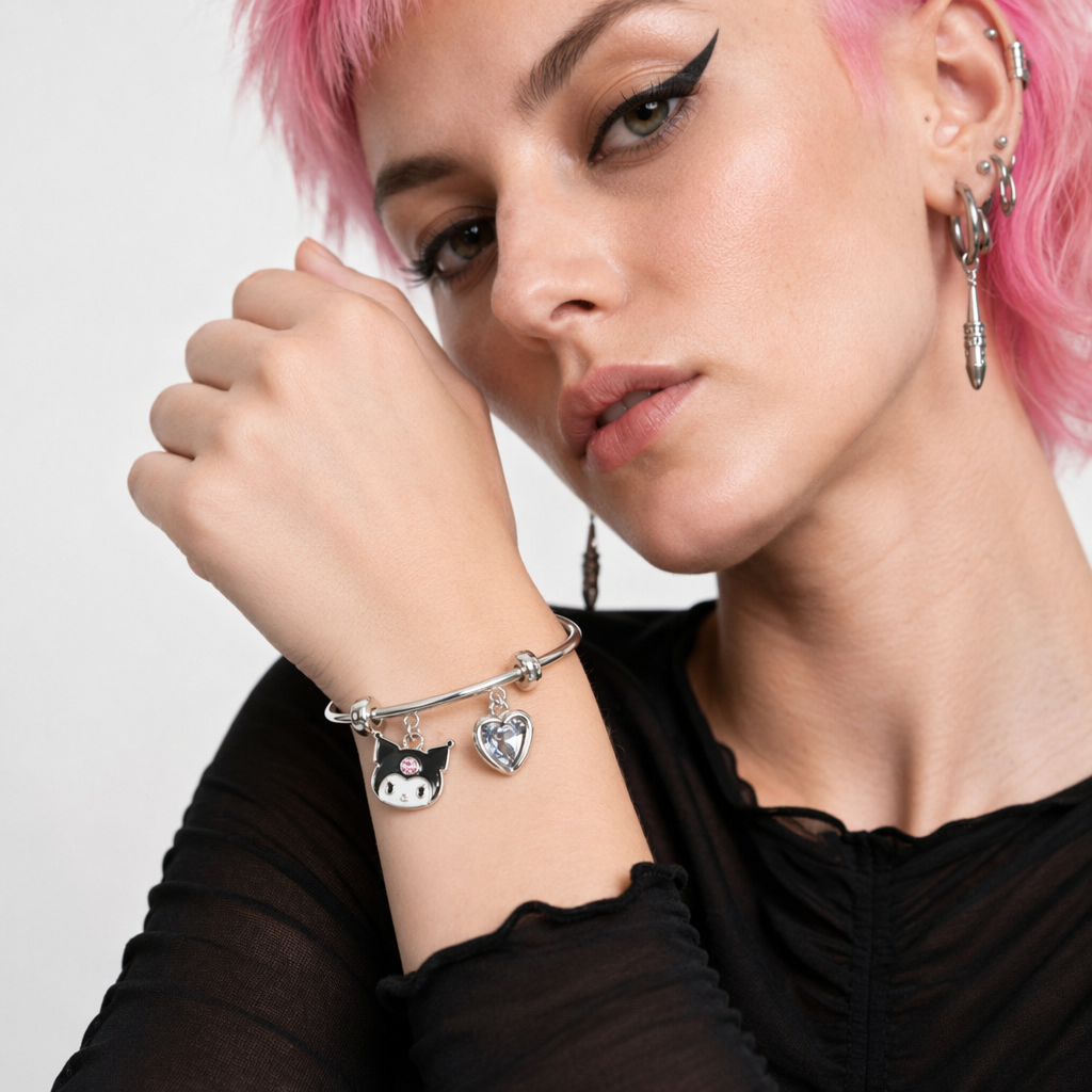 Kawaii Beaded Bracelets Inspired by Sanrio Characters Silver Bangle Kuromi