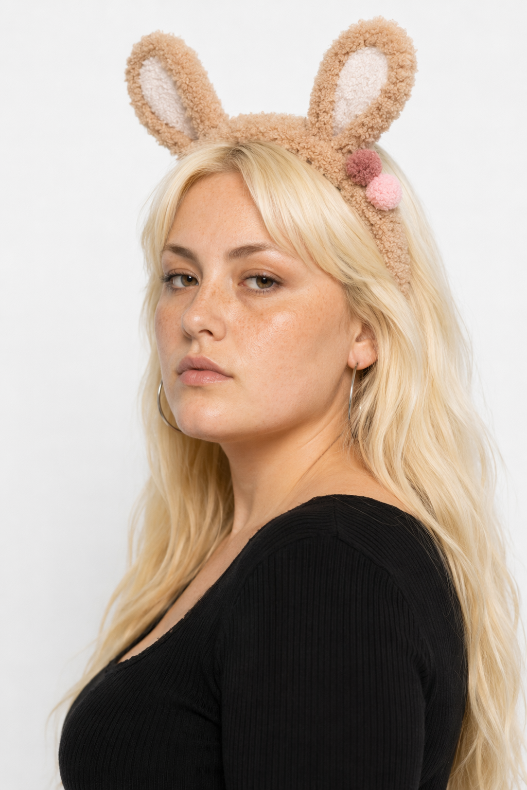 Fluffy Bunny-Eared Headband with Cute Pom Poms Light Brown