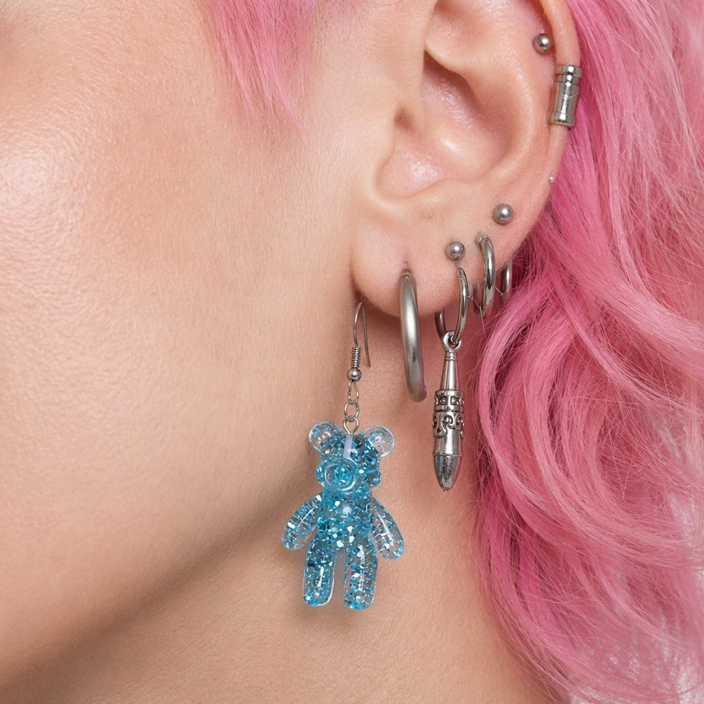 Kawaii Large Bear Earrings in Bright Glittery Colors Blue