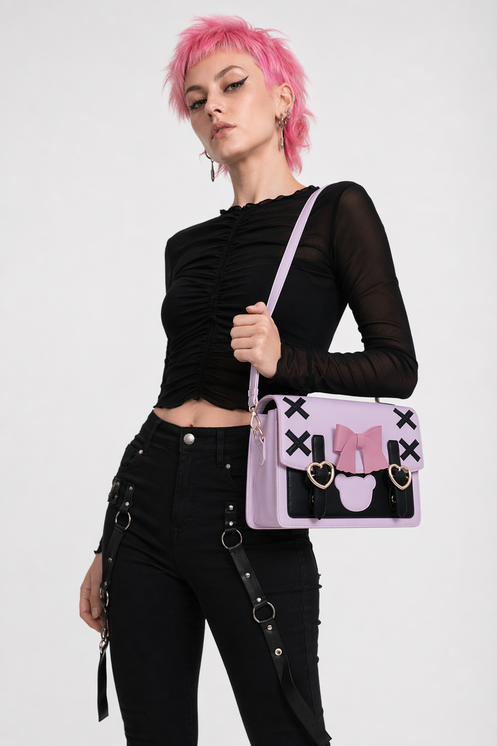 Baby Bear Lolita Handbag with Luxurious Vegan Suede and Leather Purple Black