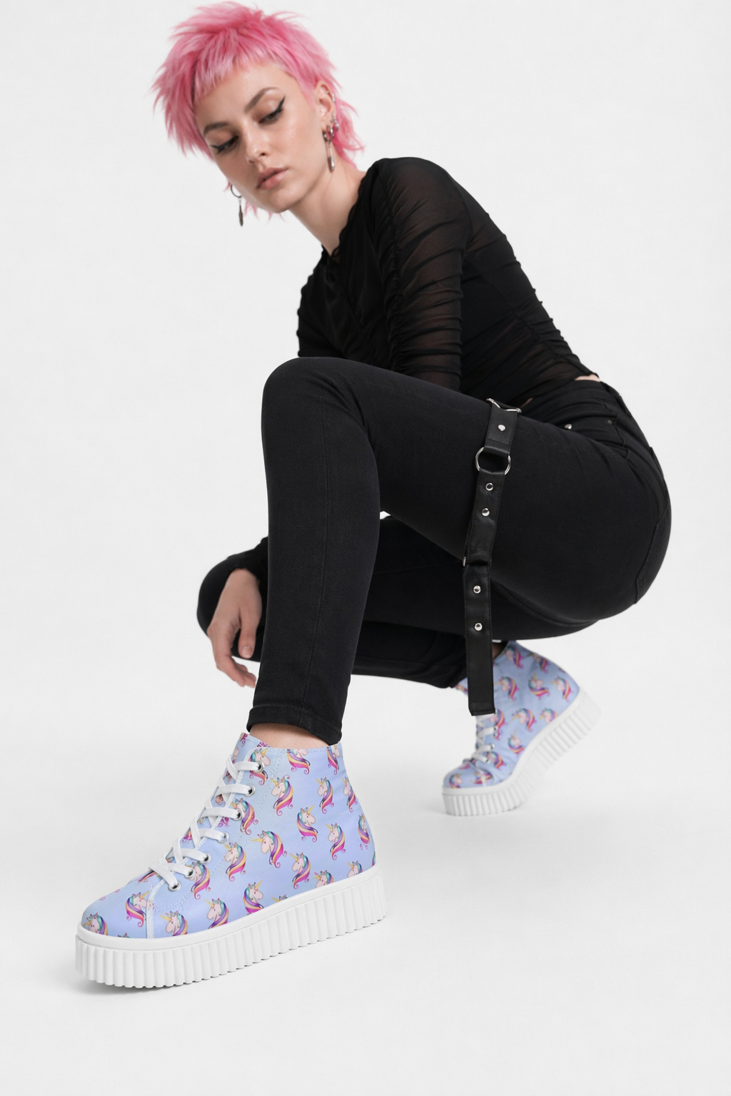 Canvas Hi Top Unicorn Pattern Shoes with Comfortable Wedge Heel Blue Unicorn