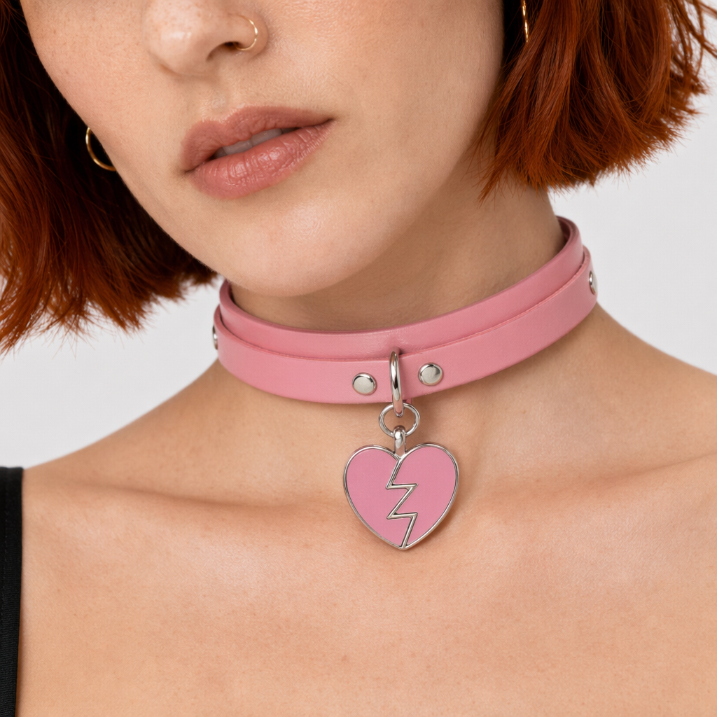 Heart Breaker Vegan Leather Choker for Kinky Princesses Pink Collar