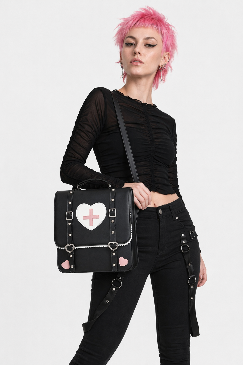 Menhera Inspired Paste Goth Backpack Purse with Heart Design Black