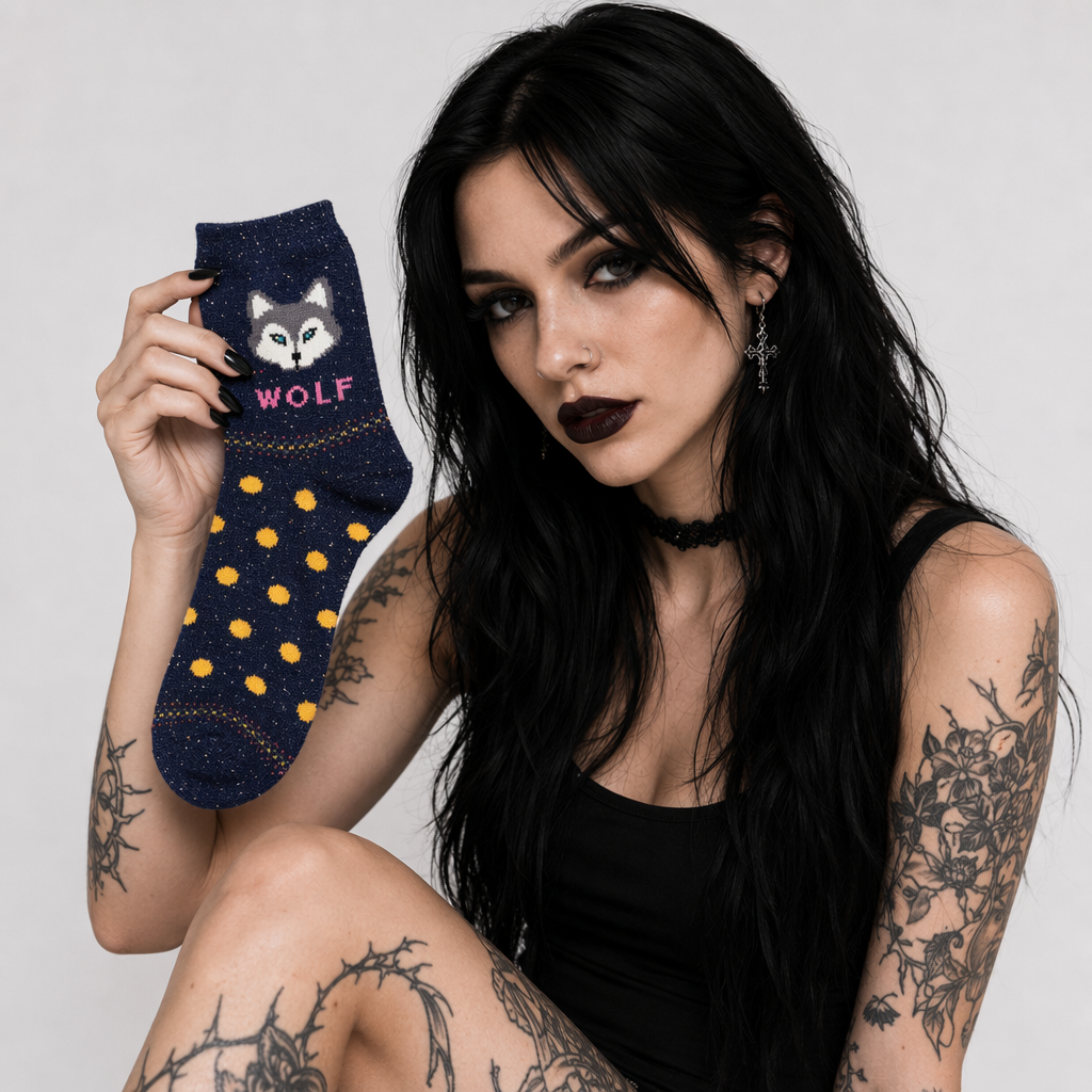 Snow Fox Christmas Socks with Embroidered Design and Vibrant Colors Navy Wolf