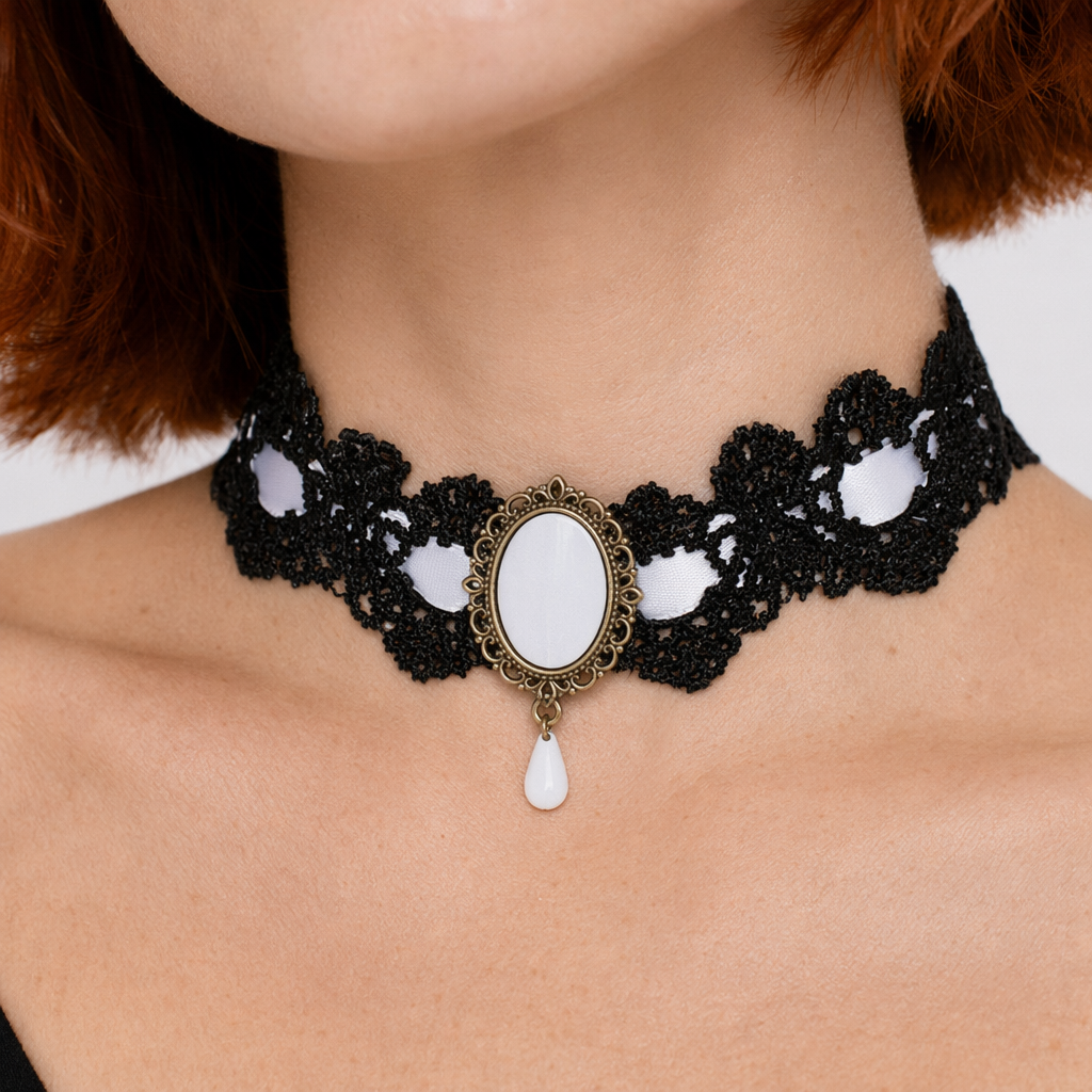 Elegant Victorian Style Choker Necklace with Gold Hardware White