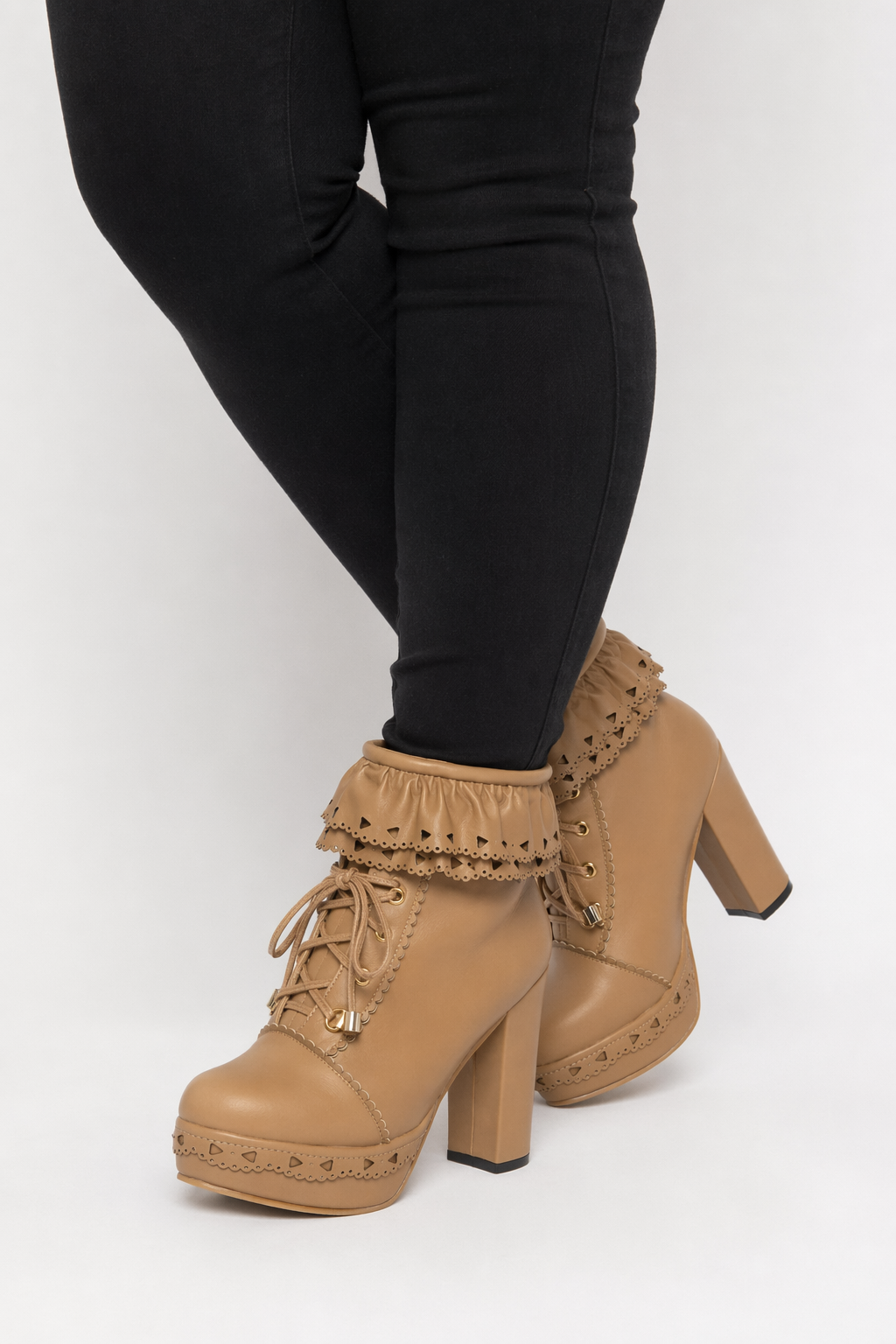 Sweet Lolita Booties with Ruffled Trim and Comfortable Design Khaki