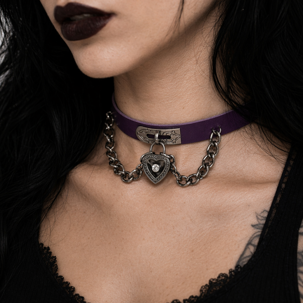 Gothic Victorian Vegan Leather Choker with Heart Locket and Chains Purple