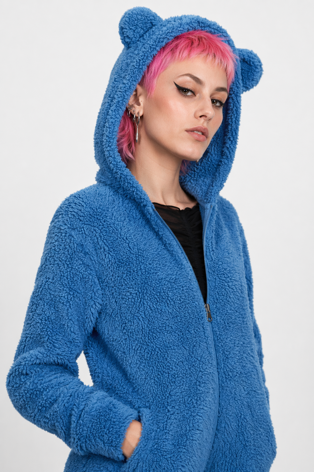 Adorable Vegan Fur Baby Bear Zippered Onesie with Ears Blue