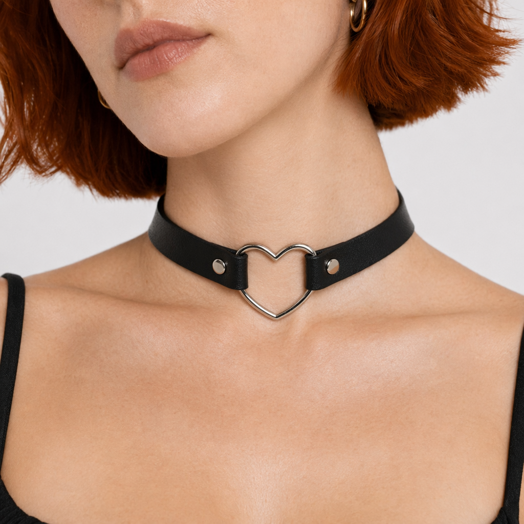 Candy Colored Heart Choker in Vegan Leather for Cosparty Fun Black