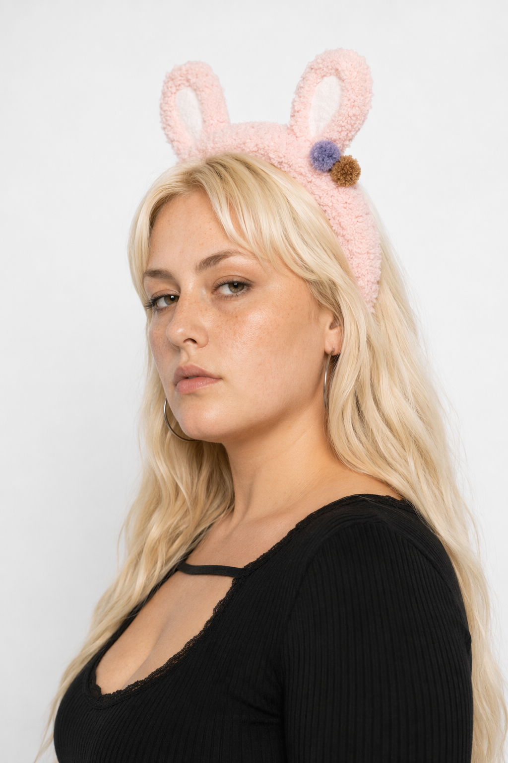 Fluffy Bunny-Eared Headband with Cute Pom Poms Baby Pink