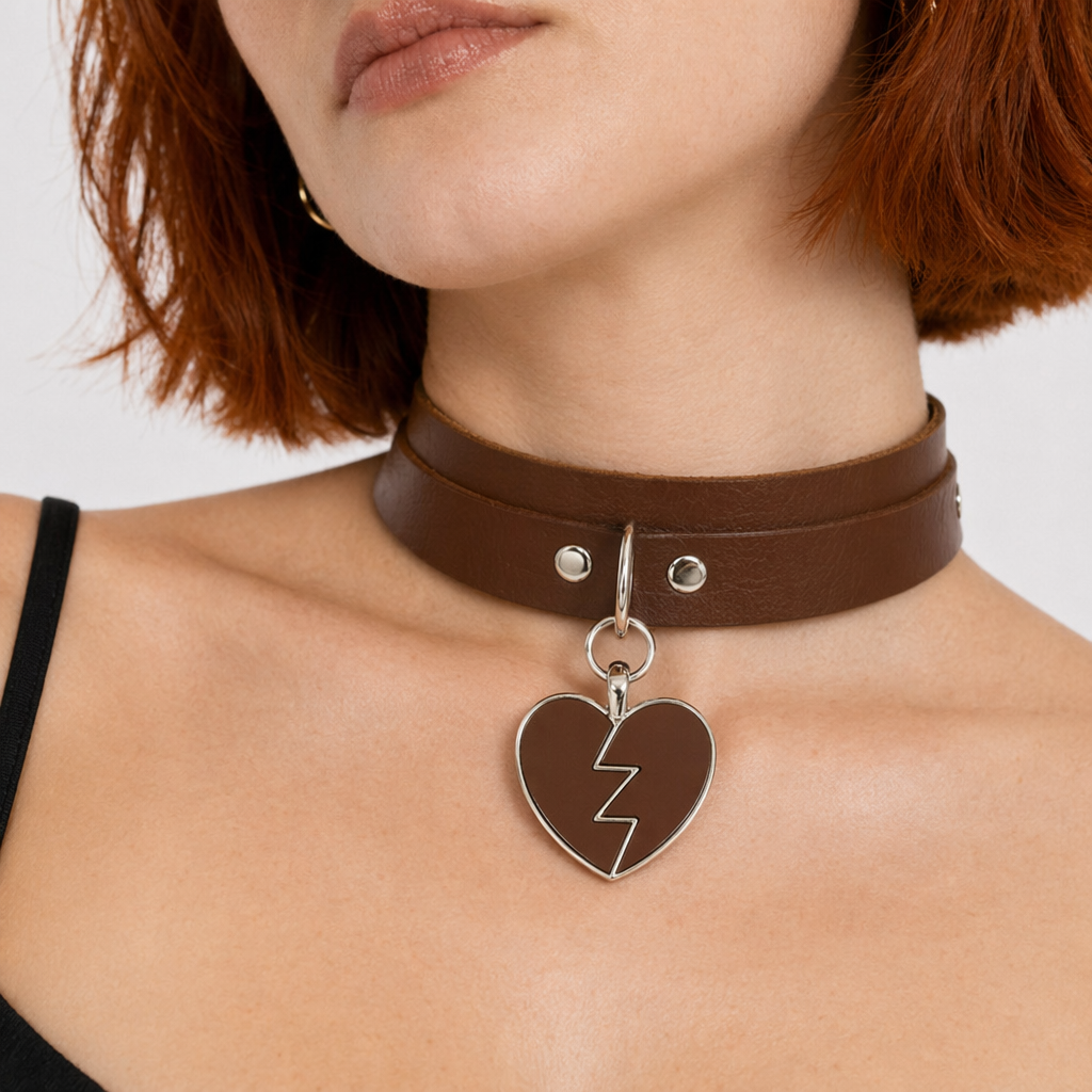 Heart Breaker Vegan Leather Choker for Kinky Princesses Brown Collar