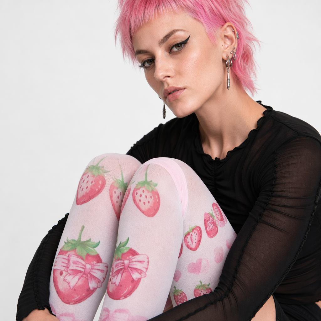 Strawberry Babe Stockings with Berry and Baby Bun Print Strawberries