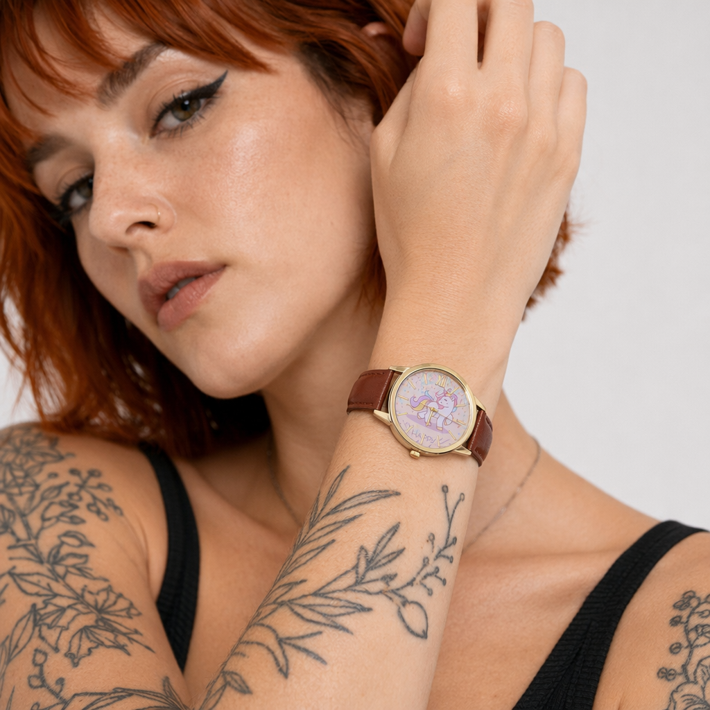 Magical Unicorn Wrist Watch with Gold Plated Hardware and Vegan Leather Brown