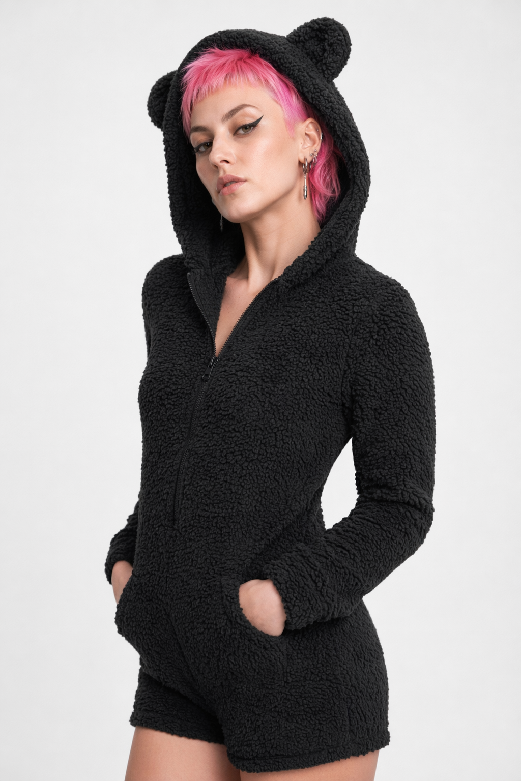 Adorable Vegan Fur Baby Bear Zippered Onesie with Ears Black