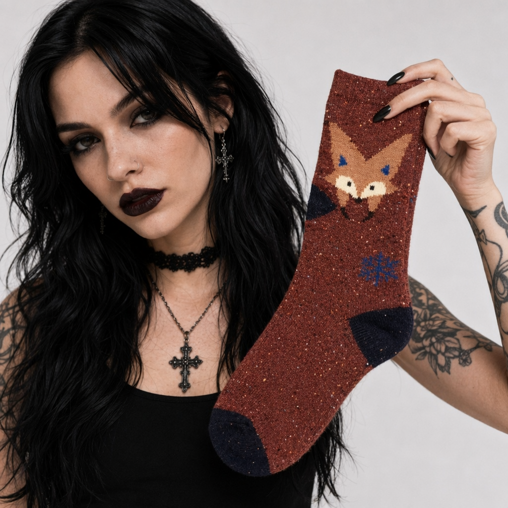 Snow Fox Christmas Socks with Embroidered Design and Vibrant Colors Red Fox Snowflake