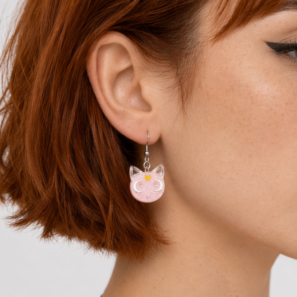 Glittery Cat Earrings with Half Moons in Resin Art Pink