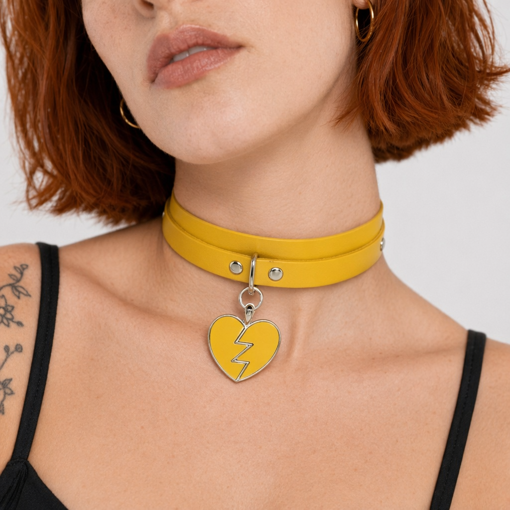 Heart Breaker Vegan Leather Choker for Kinky Princesses Yellow Collar