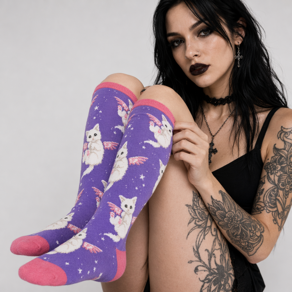 Vibrant Angel Kitten Socks for Kawaii Fashion Lovers Purple Flying Kitten