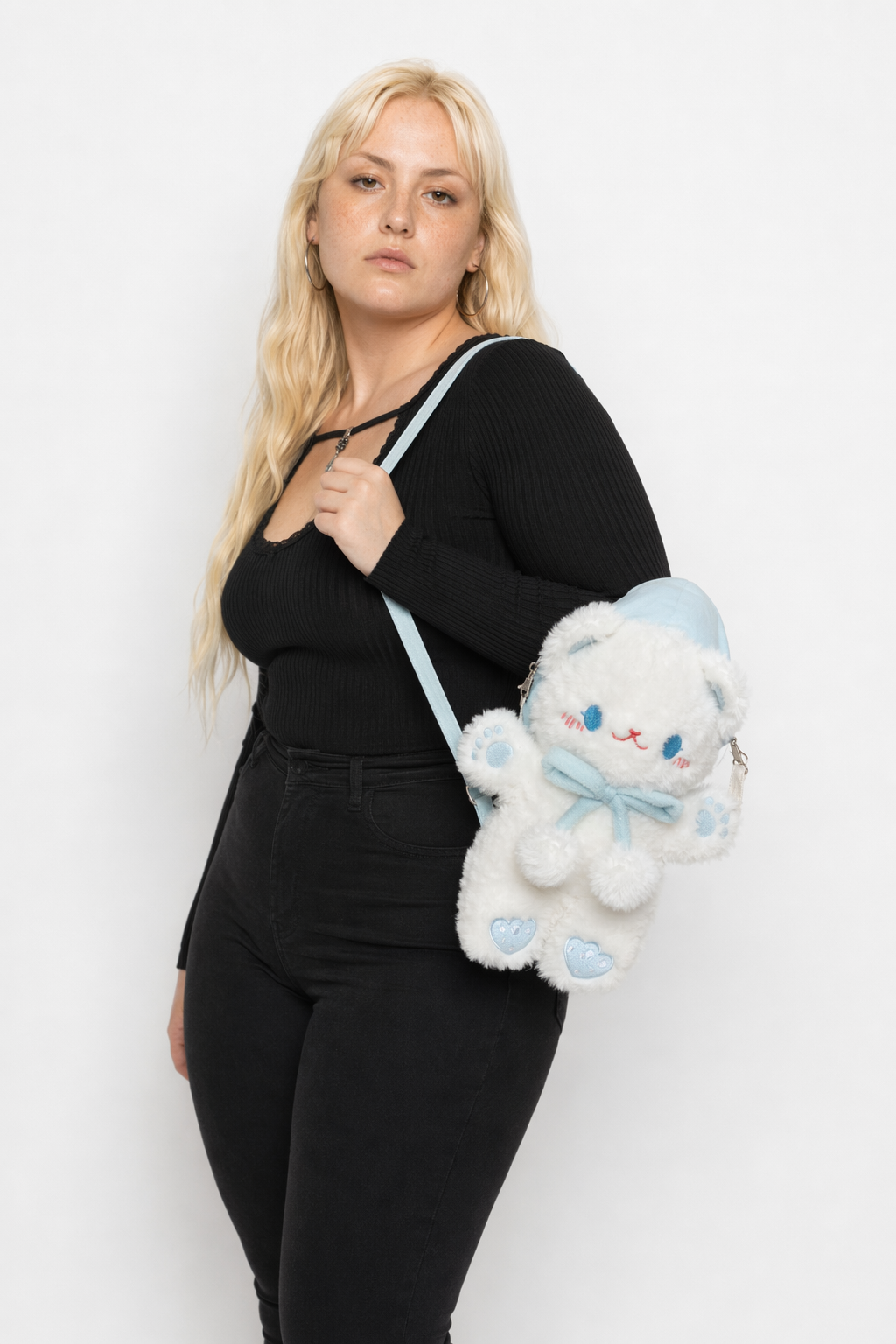 Pastel Furry Kitten Backpack with Hand Embroidered Paws Blue