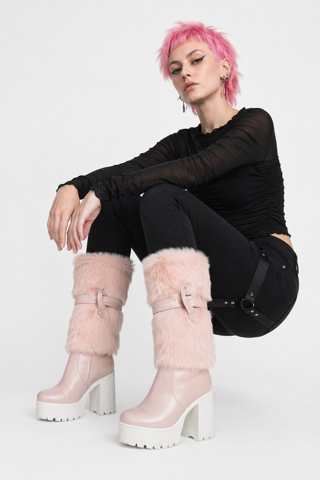 Pastel Vegan Fur Boots with Chunky Block Heel Pink