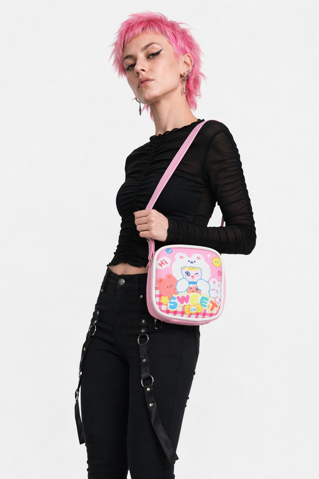 Bold Kawaii Patterned Pouch for Cords and Chargers Pink Sweet Bear