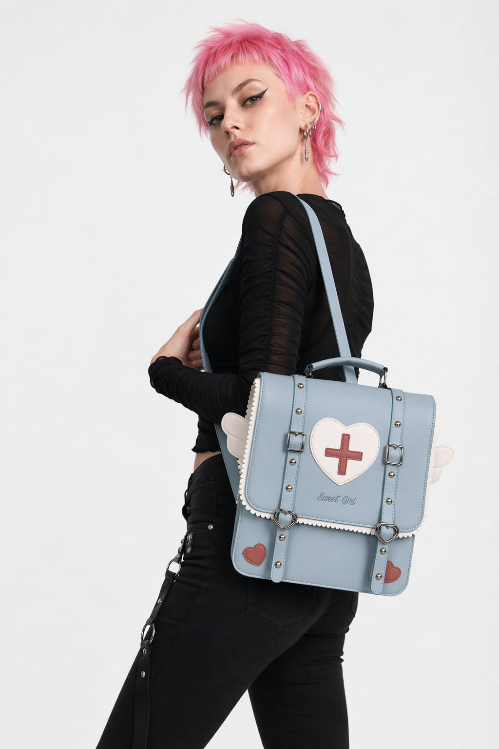 Menhera Inspired Paste Goth Backpack Purse with Heart Design Blue