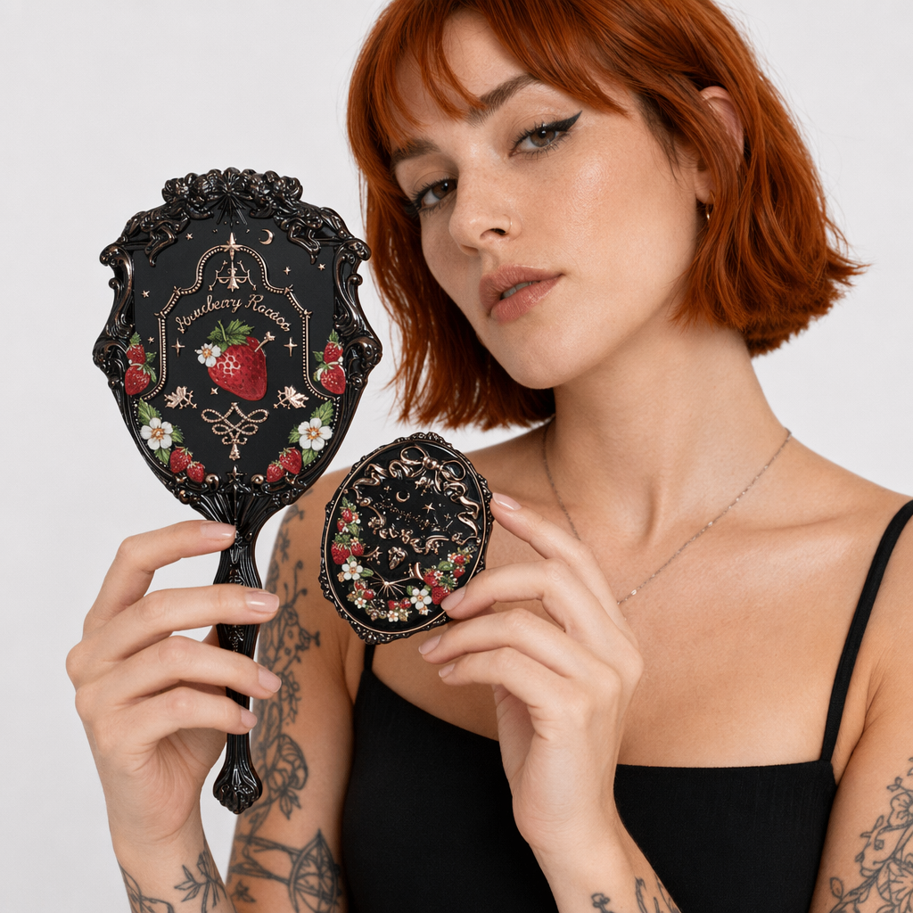 Glittering Strawberry Berry Angelic Makeup Mirror for Vanity Display Black