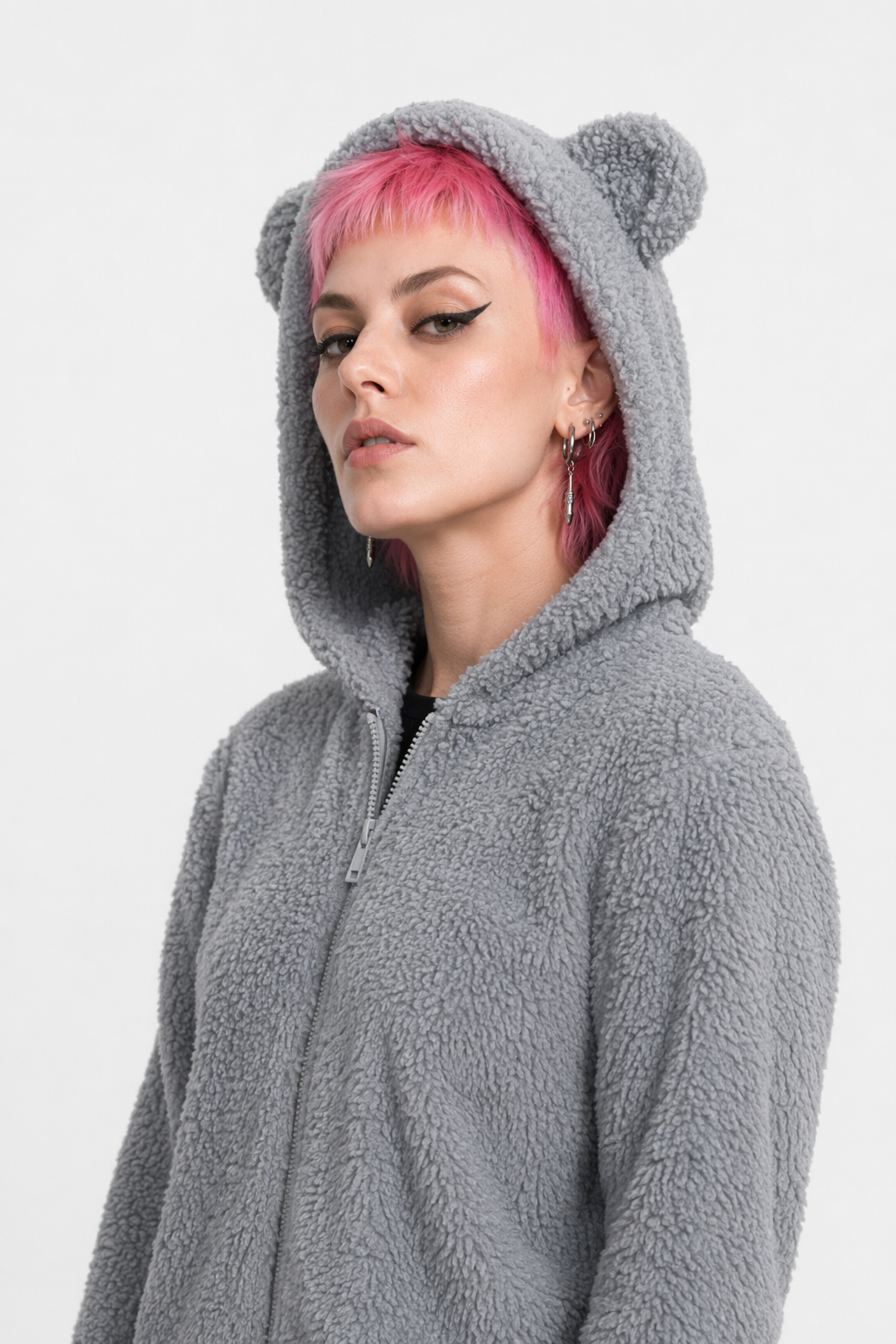 Adorable Vegan Fur Baby Bear Zippered Onesie with Ears Grey