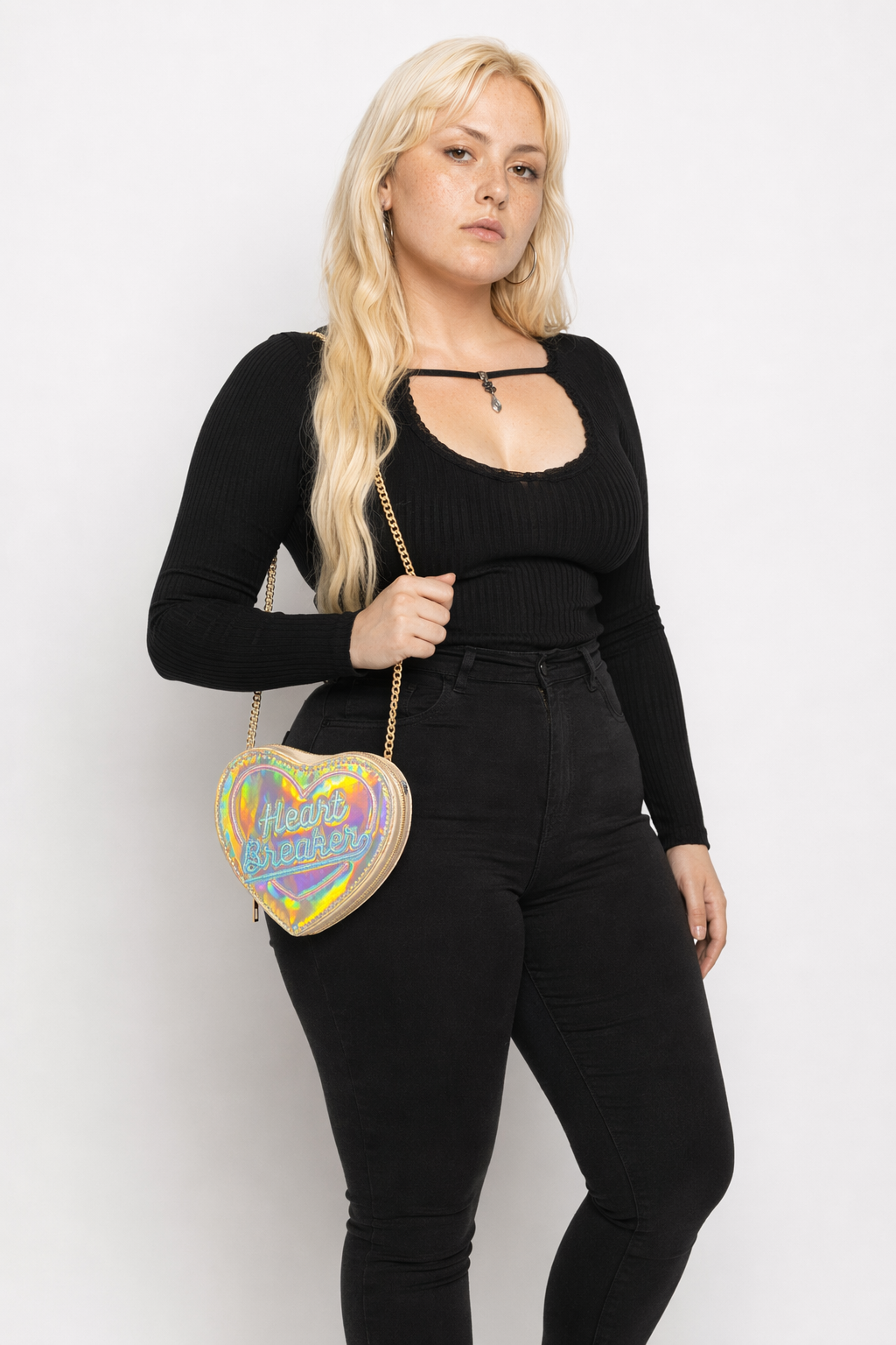 Adorable Heartbreaker Holographic Bag in Heart Shape Gold