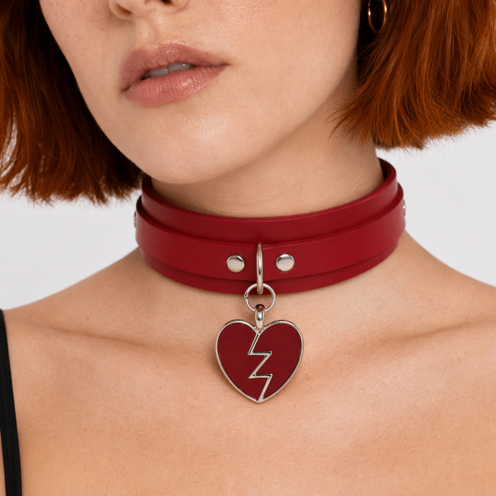 Heart Breaker Vegan Leather Choker for Kinky Princesses Red Collar