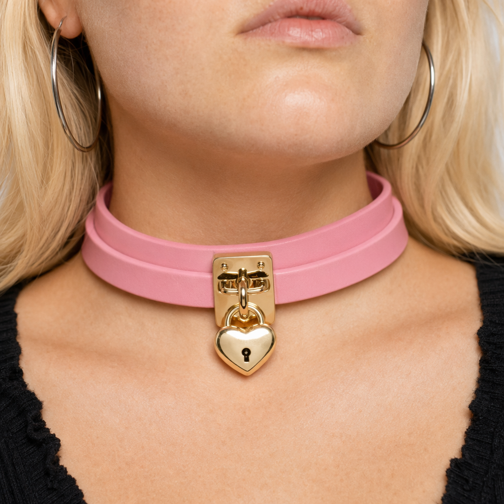 High Quality Vegan Leather Heart Locket Choker in Gold Pink