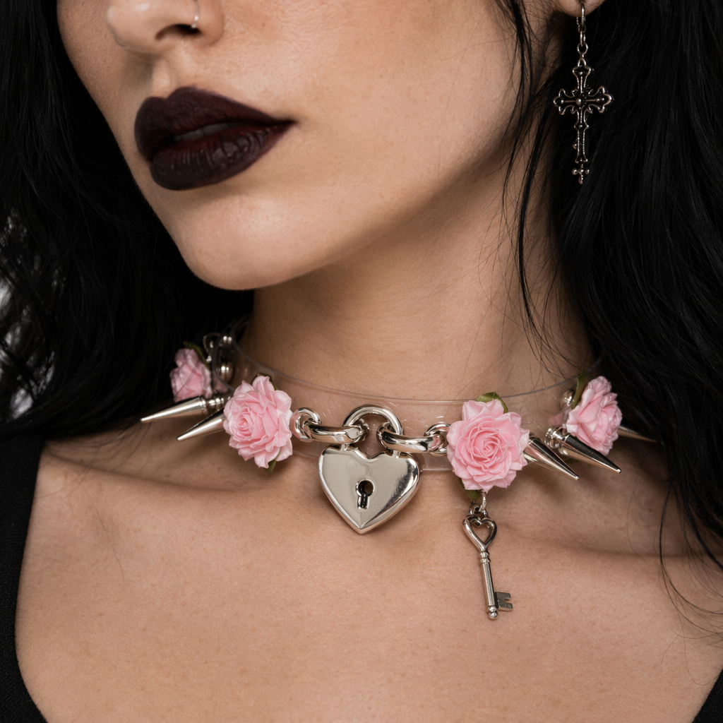 Edgy Floral Choker with Spiky Design and Heart Locket Key Pink Flower Silver