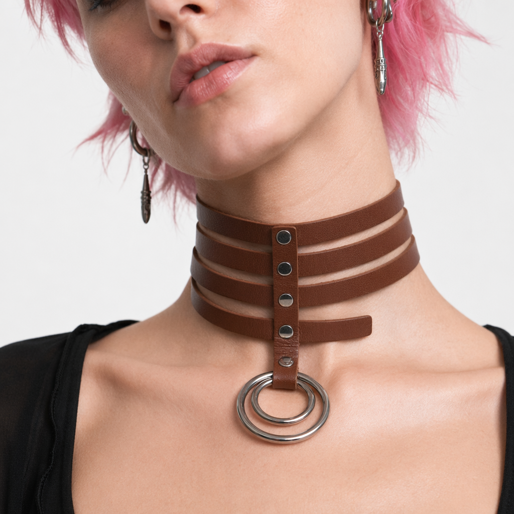 Vegan Leather High Elongated Collar with Built-in O-Ring Hook Brown