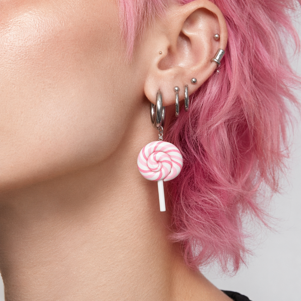 Colorful Polymer Clay Lollipop Rainbow Earrings and Pendant Necklace Pink Necklace