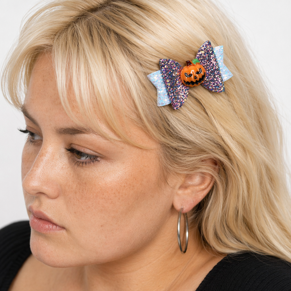 Glittery Halloween Hair Bows with Spooky Cabochons in Stock Pumpkin