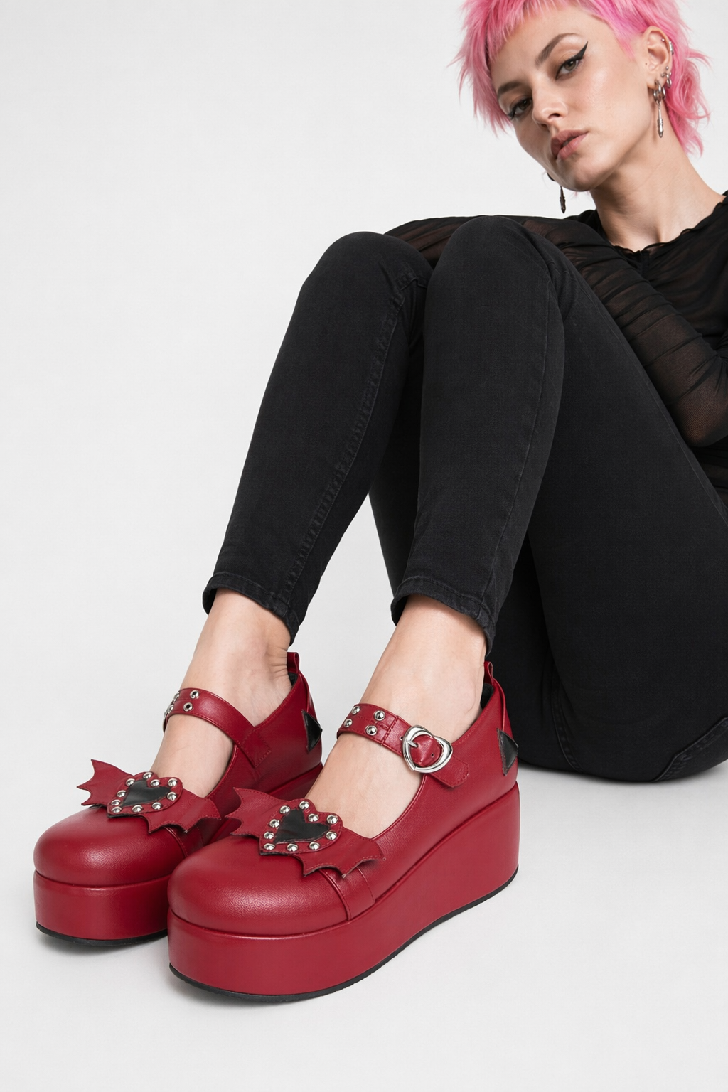 Babydoll Platform Wedge Mary Jane Shoes with Heart Buckle Red Winged Heart
