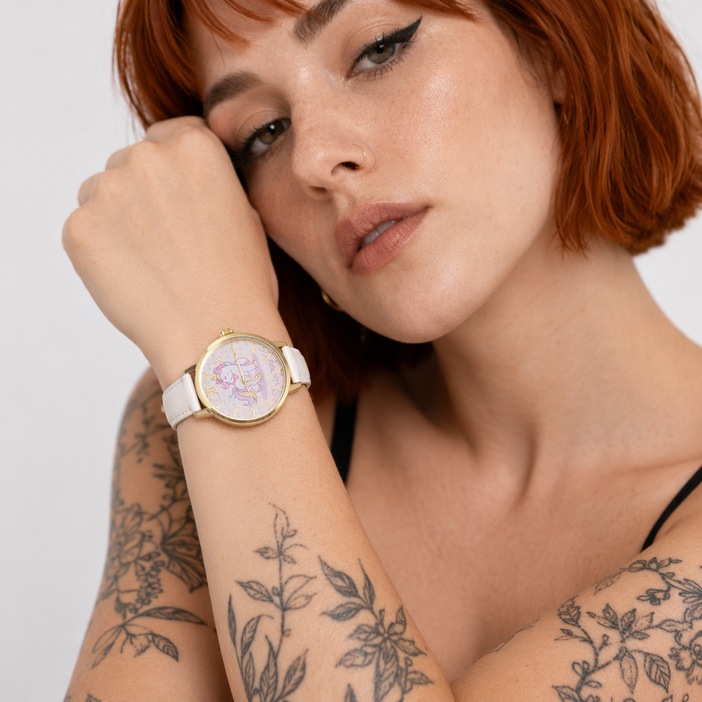 Magical Unicorn Wrist Watch with Gold Plated Hardware and Vegan Leather White