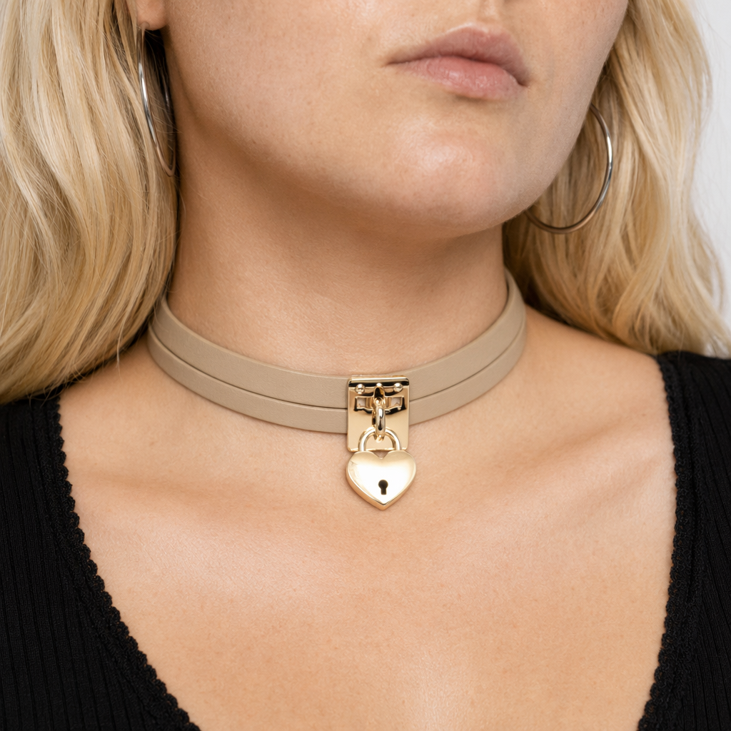 High Quality Vegan Leather Heart Locket Choker in Gold Beige
