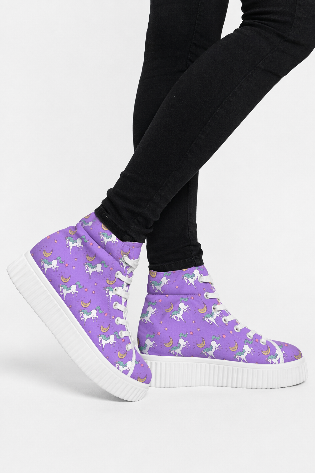 Canvas Hi Top Unicorn Pattern Shoes with Comfortable Wedge Heel Purple Moon Unicorn