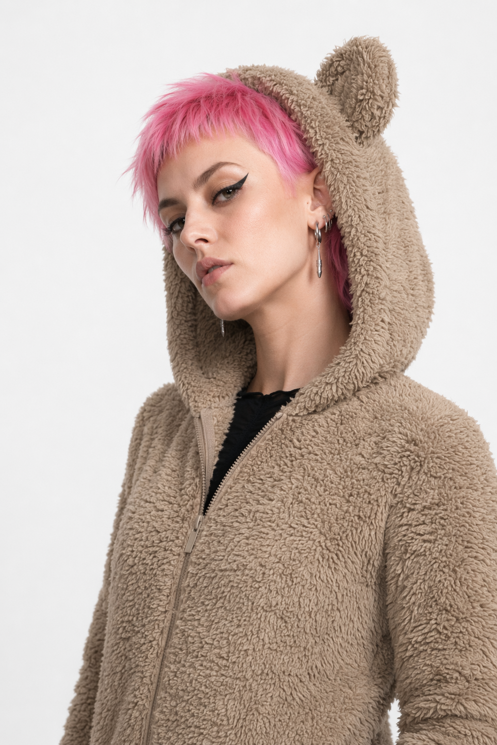 Adorable Vegan Fur Baby Bear Zippered Onesie with Ears Khaki