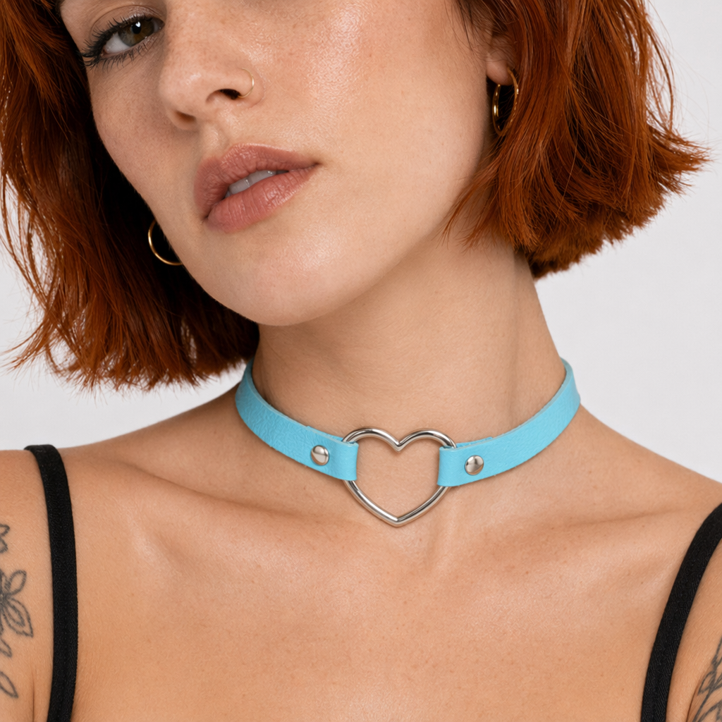 Candy Colored Heart Choker in Vegan Leather for Cosparty Fun Blue