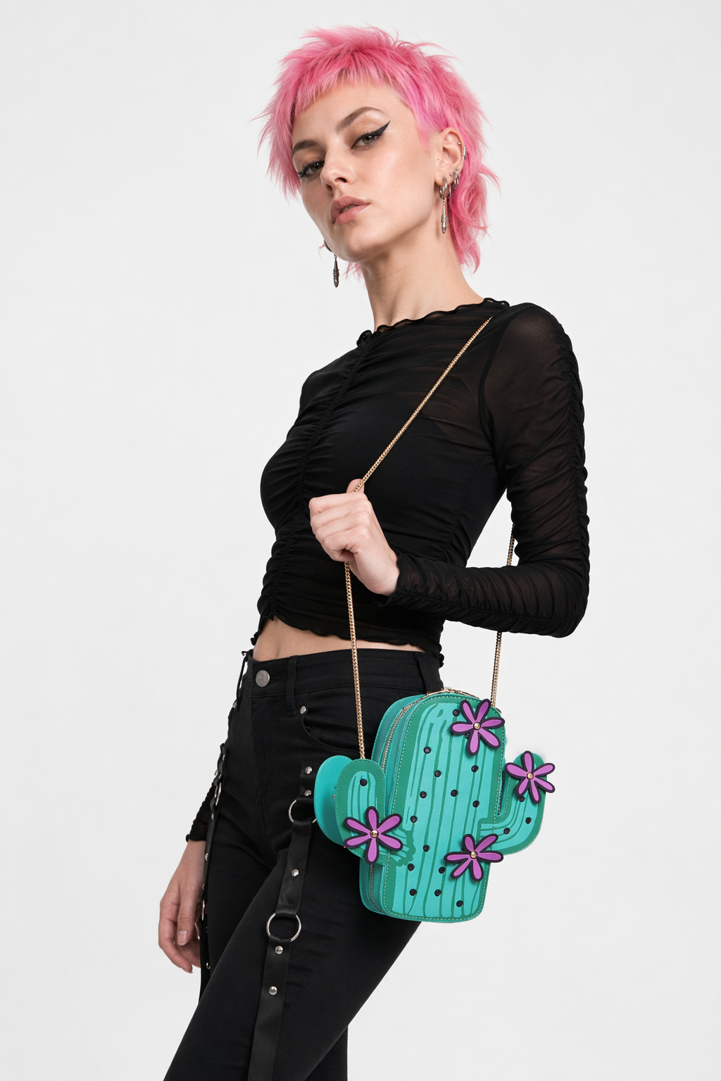 Cactus Plant Purse with Long Gold Chain for a Unique Fashion Statement Default Title