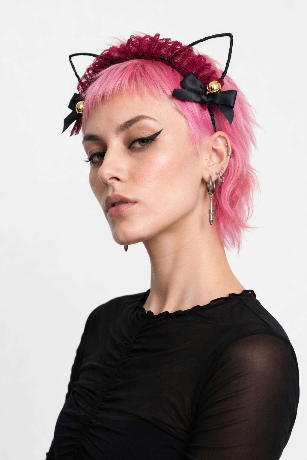Cute Cat Ear Headband with Gold Bells and Lace Embellishments Red