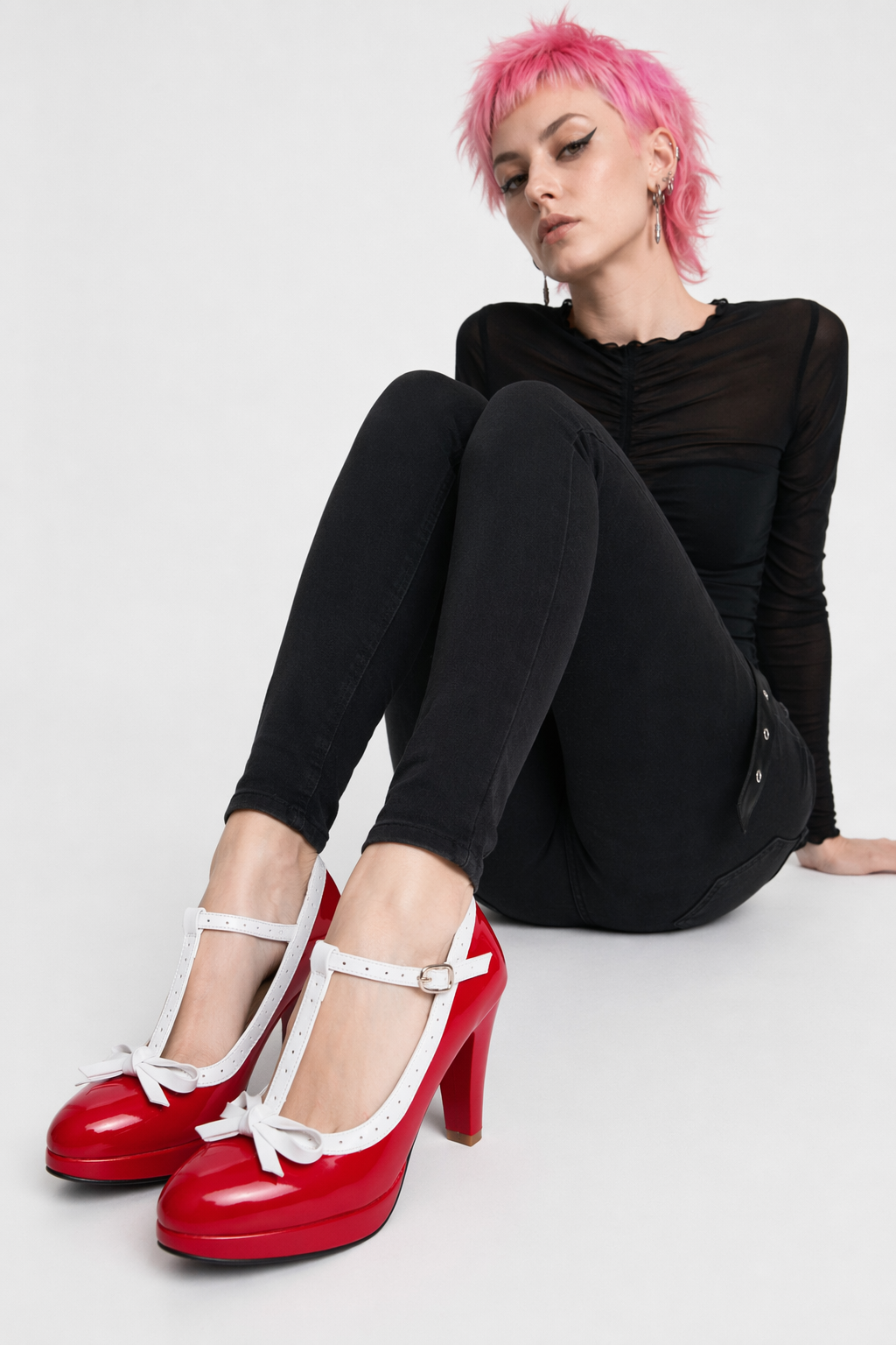 Sweet Lolita Heels with Lace Trim and Bow in Toe Version Red T-Bar