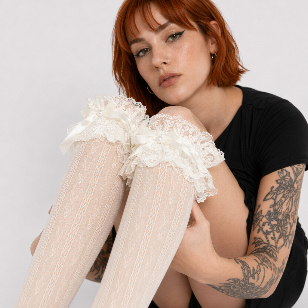 Stunning Lace Knee-High Stockings with Ruffles and Pearl Ribbon Cream